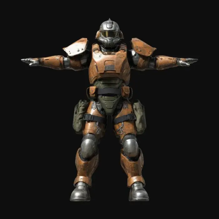 3D model for Military power armor Exoskeleton with ballistic vest and wearing a harness but also fabric armor around the legs and forearms, T pose, realistic, metallic, RUSTED,  large pouches sides of legs, CAMO