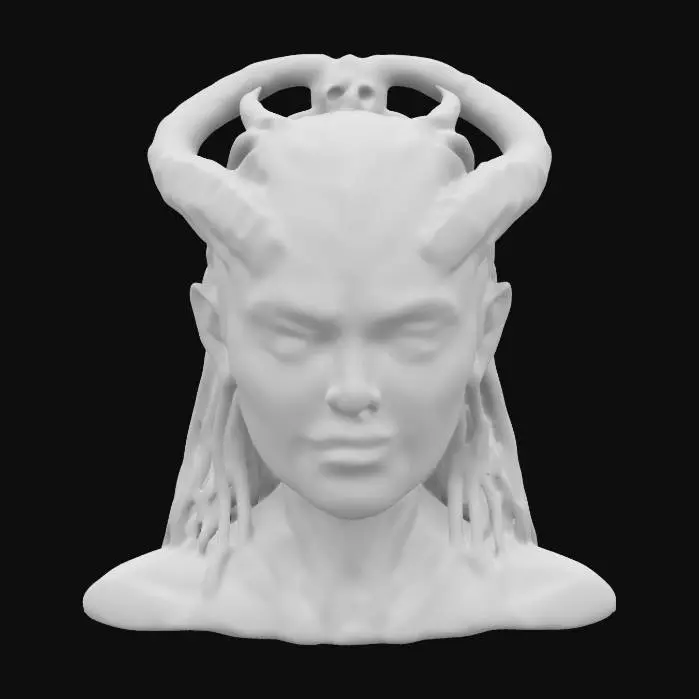 3D model for the face of 3 beautiful demon woman, one on top of another stacking and fushion,
around her face metal arnaments symmetrical structure in the style of h.r. giger, intricate ribbed structure 