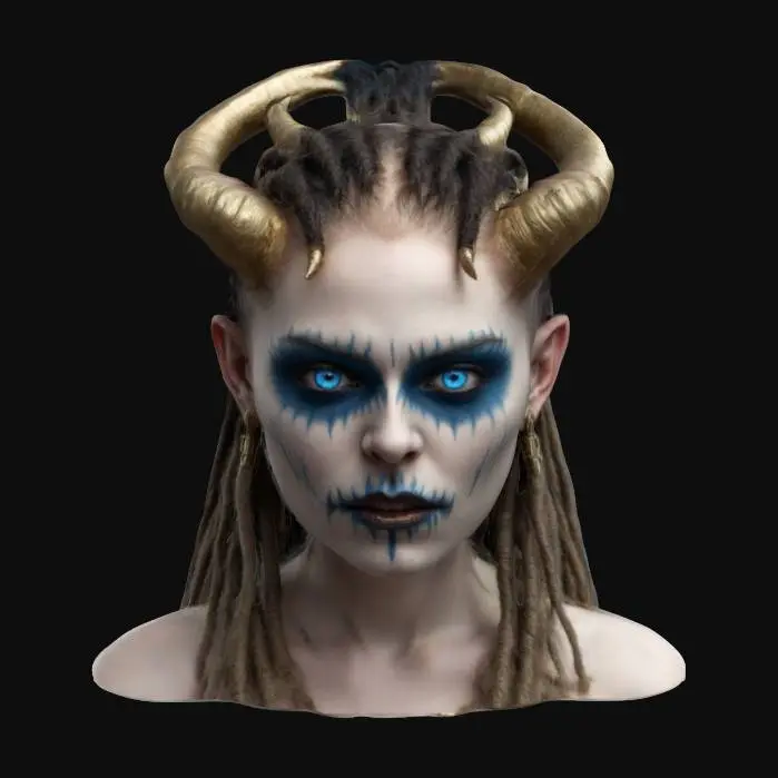 3D model for the face of 3 beautiful demon woman, one on top of another stacking and fushion,
around her face metal arnaments symmetrical structure in the style of h.r. giger, intricate ribbed structure 