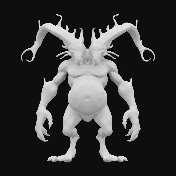 3D model for satanic demon fat creature with dual heads, his lower  body is made of mechanical spider like legs, his upper body is full of veins, his face is evil and mean, his eyes are glowing red and his skin is pale and pinkish