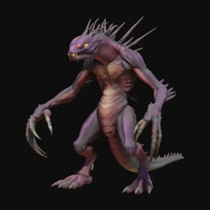 3D model for A Hydralisk is a snake-like Zerg creature with a muscular upper body, scythe-like arm blades, and tough chitin armor. It launches deadly spines from its back and has a fearsome insectoid face with glowing eyes and sharp teeth.