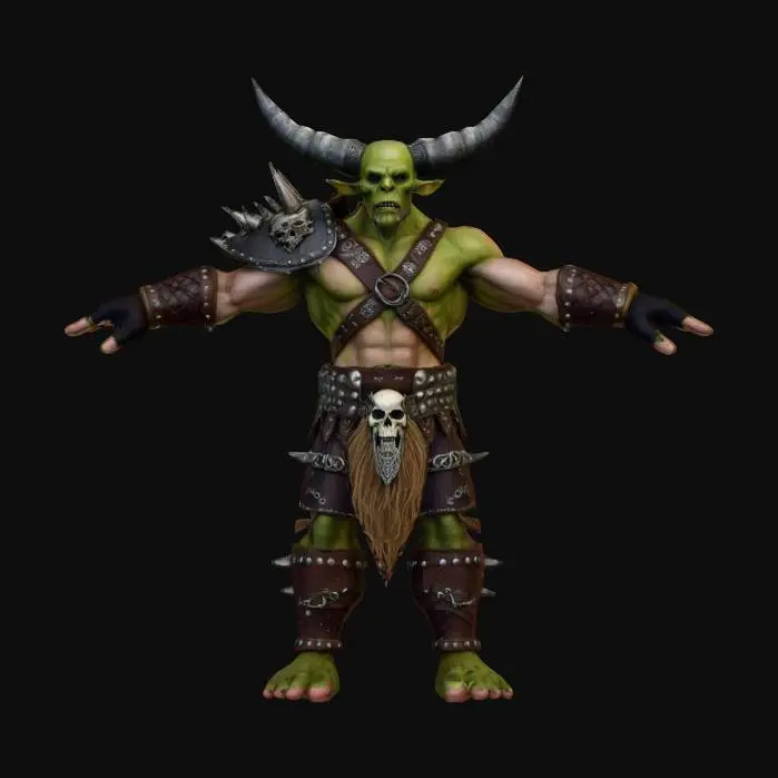 3D model for muscular goblin viking WEARING A INTRICATE leather ARMOR WITH skull MOTIVES ON THE CHEST, HIS HAIR IS A long and braided as his long black beard in contrast with his pale skin, no weapon, a-posed