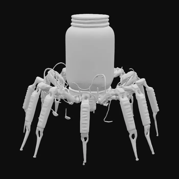 3D model for A 3D model of a brain in a glass jar with spider-like mechanical legs. The jar is transparent, revealing a detailed brain with subtle glowing lights. The legs are metallic with articulated joints, pistons, and cables, giving a sci-fi, cyberpunk feel. Add small lights and intricate details on the legs. Set in a dim environment to highlight the eerie, intelligent vibe, #bioluminescent#