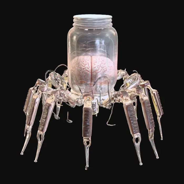 3D model for A 3D model of a brain in a glass jar with spider-like mechanical legs. The jar is transparent, revealing a detailed brain with subtle glowing lights. The legs are metallic with articulated joints, pistons, and cables, giving a sci-fi, cyberpunk feel. Add small lights and intricate details on the legs. Set in a dim environment to highlight the eerie, intelligent vibe, #bioluminescent#