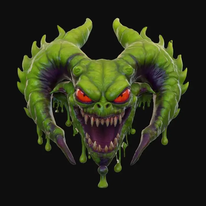 3D model for nasty emblem of the zerg, bright gooee green ooz , bright yellow and purple , symmetrycal design mixed with sticky
