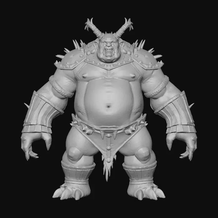 3D model for massive fat demon character with armor made of leather and spikes, a-pose, game ready asset, #game figure#, #game figure#