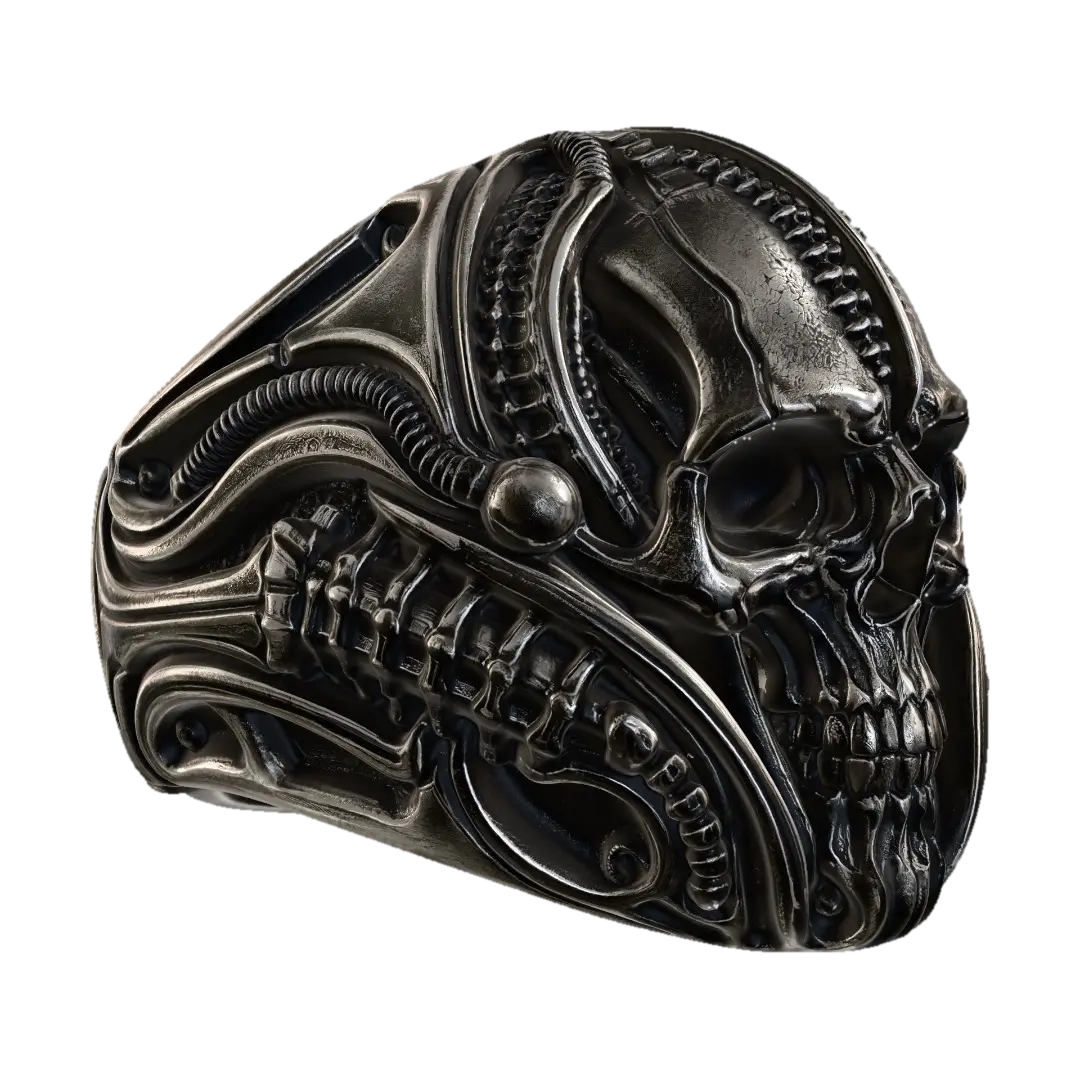 Biomechanical Skull Ring - Wearable 3D-model, gegenereerd door AI
