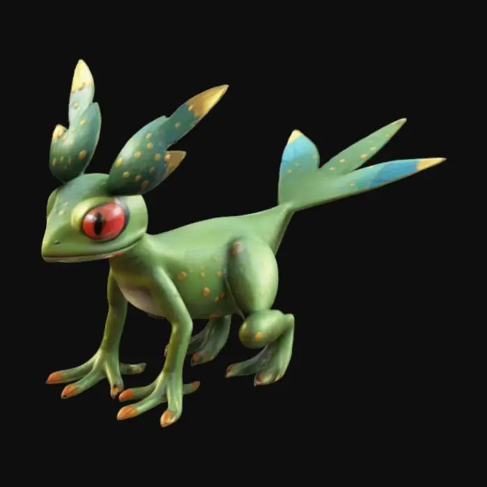 3D model for highly stylized but highly detailed frog-like pokemon with accents with wings on its head