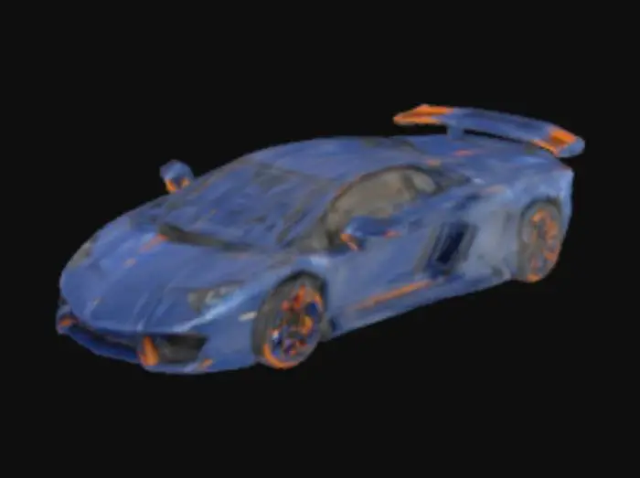 3D model for A hyper-realistic 3D model of a Lamborghini Aventador in vibrant metallic blue with bold orange accents — including orange brake calipers, side skirts, mirror caps, and subtle racing stripes. The car has a low, aerodynamic profile with sharp, angular lines, aggressive front splitter, and a large rear diffuser. Ultra-detailed headlights and taillights, glossy paint finish, realistic carbon fiber parts, and a sporty racing stance. High-poly mesh, suitable for animation and rendering in cinematic lighting. Reflections on the body, visible tire textures, detailed interior with orange-blue stitched leather seats and dashboard.