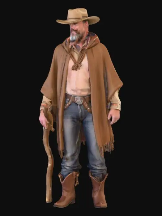 3D model for Hombre con poncho holgado, botas vaqueras y sosteniendo un palo