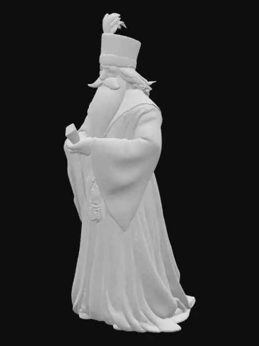 3D model for Miniatura de juego de rol de un mago árabe, tiene un gran bigote y un gorro fez rojo con una borla dorada, también zapatos de punta. En su mano sostiene un diamante