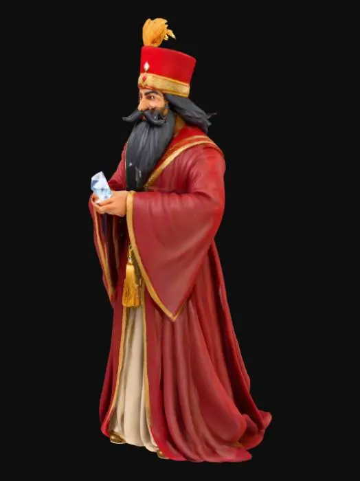 3D model for Miniatura de juego de rol de un mago árabe, tiene un gran bigote y un gorro fez rojo con una borla dorada, también zapatos de punta. En su mano sostiene un diamante