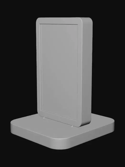 3D model for Create a modern 3D printable QR code stand with 2 separate parts: base and display plate. Base: 16cm wide, 5cm deep, 3cm high, rectangular with rounded edges and a centered horizontal slot on top to fit the plate securely. The slot should allow easy insertion and removal. Display plate: about 14cm wide, 10–12cm tall, 3–4mm thick, slightly smaller than the base for proper fitting. It must stand vertically when inserted. The front surface should have enough flat space for 3 QR codes aligned horizontally and space for a company name/logo. Minimalist, elegant, stable design with smooth surfaces, balanced proportions, and optimized for 3D printing. Generate both parts as separate printable objects.