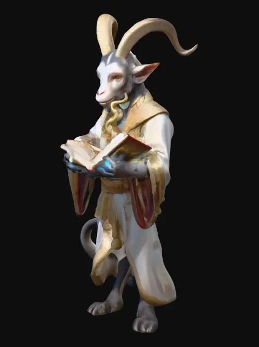 3D model for Create a 3D hybrid character with deep educational symbolism and positive values. It should have the face of a goat, representing wisdom and reflection; the torso of a monkey, symbolizing curiosity, learning, and creativity; and the tail of a dragon, embodying inner strength, resilience, and courage when facing challenges.

The character holds a glowing or magical book, symbolizing knowledge, education, and the transformative power of learning. Its expression should be kind and inspiring, inviting others to explore wisdom with respect, empathy, and enthusiasm.

The fusion of body parts should be natural and harmonious, using warm colors, soft lighting, and a neutral background that enhances the educational values and symbolic essence of the design.