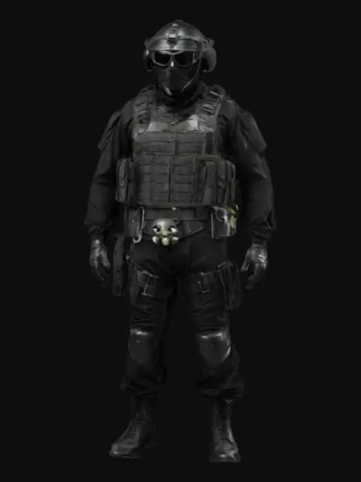 3D model for Shape: Black Special Forces uniform. There was a leaf wearing a skull-shaped gag with personal equipment on both the waist and legs, along with an armor with communication equipment attached to it, and black blindfolds.

