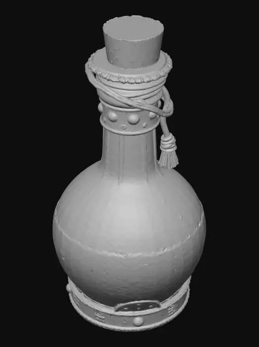 3D model for A magical fantasy potion bottle, alchemist's flask. The bottle is made of thick, bubbling translucent green glass. A cork stopper is wrapped in old leather straps and sealed with dripping gold wax. Glowing magical runes are etched onto the glass surface. Highly detailed, intricate, fantasy prop.