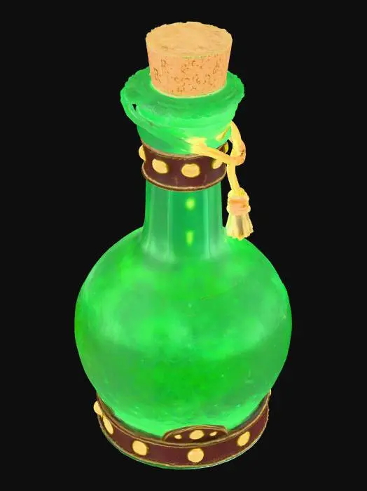 3D model for A magical fantasy potion bottle, alchemist's flask. The bottle is made of thick, bubbling translucent green glass. A cork stopper is wrapped in old leather straps and sealed with dripping gold wax. Glowing magical runes are etched onto the glass surface. Highly detailed, intricate, fantasy prop.
