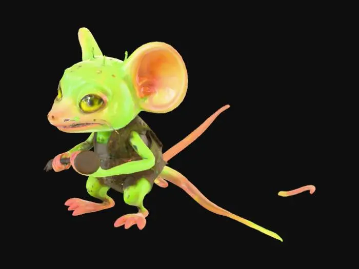 3D model for Create 3D concept models for NPCs in a whimsical, post-apocalyptic sewer world. The art style should be shiny, gooey, and organic, similar to a radioactive blob character with a gradient green-to-yellow color scheme, large expressive eyes, and a playful yet slightly eerie vibe. Design a variety of NPCs, including:

A mutated sewer rat with a slimy texture, small limbs, and glowing eyes, holding a tiny tool.
A humanoid sludge creature with a hunched posture, dripping appendages, and a mischievous grin, wearing tattered clothing.
A floating jellyfish-like entity with bioluminescent spots, translucent body, and tendrils that sway, acting as a guide.