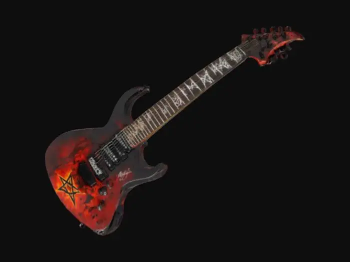 3D model for a Hyper realalistic bc rich warlock electric  6 string  heavy metal Guitar .
the guitar is has blood stained body graphics and features pentagram fret markers and a 6 point headstock . wild heavy metal
