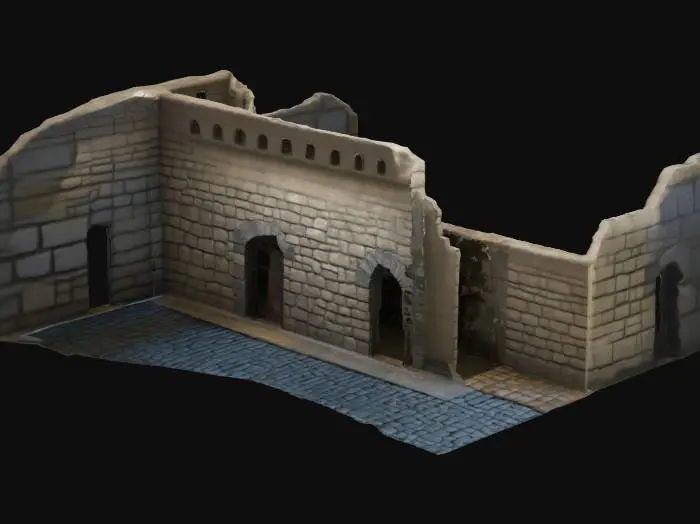 3D model for a real world textured long winding stone walled corridor with opened ceiling . haunting textures, cobble floor