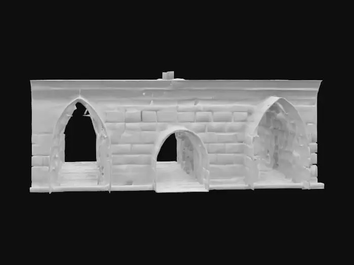 3D model for a real world textured long winding stone walled corridor with opened ceiling . haunting textures, cobble floor