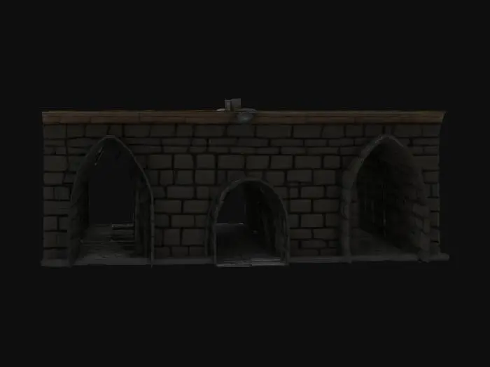 3D model for a real world textured long winding stone walled corridor with opened ceiling . haunting textures, cobble floor