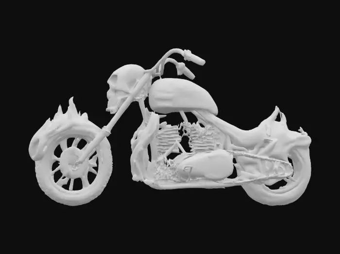 3D model for Molten metal liquid flame Hell Chopper Cycle..shiny metal, bright  flames. long stretched chopper of hollywood movie magic. motorcycle flaming Tires on Solid Rims.skull shape front farring and a high sissybar at the rear of the seat