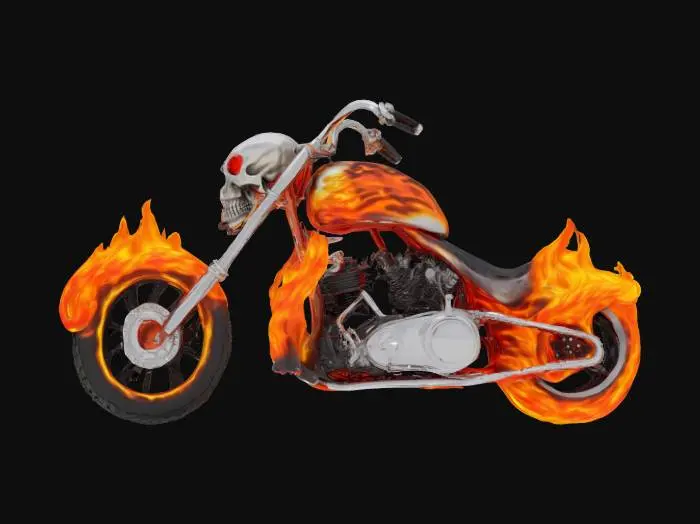 3D model for Molten metal liquid flame Hell Chopper Cycle..shiny metal, bright  flames. long stretched chopper of hollywood movie magic. motorcycle flaming Tires on Solid Rims.skull shape front farring and a high sissybar at the rear of the seat