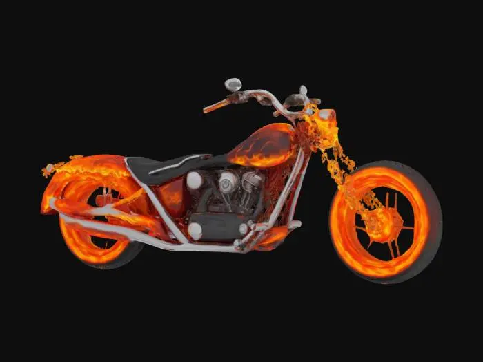 3D model for Molten metal liquid flame Hell Chopper Cycle..shiny metal, bright  flames. long stretched chopper of hollywood movie magic. motorcycle flaming Tires on Solid Rims.skull shape front farring and a high sissybar at the rear of the seat