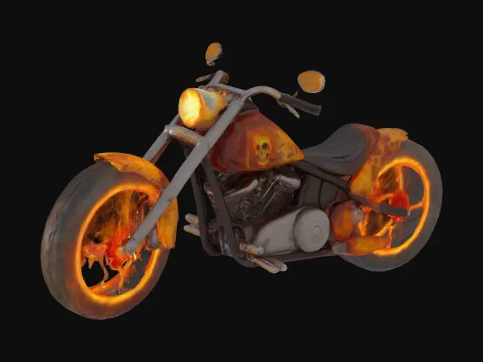 3D model for Molten metal liquid flame Hell Chopper Cycle..shiny metal, bright  flames. long stretched chopper of hollywood movie magic. motorcycle flaming Tires on Solid Rims.skull shape front farring and a high sissybar at the rear of the seat