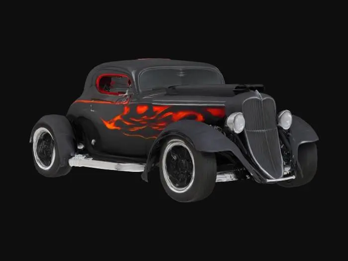 3D model for Hells Hot Rod Mean evil shiny bLack hotrod Sedan with large side pipe exhaust and a hood scoop