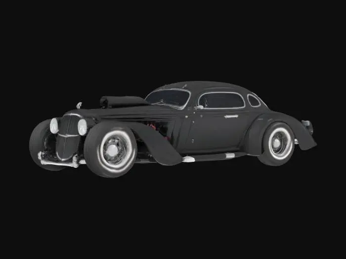 3D model for Hells Hot Rod Mean evil shiny bLack hotrod Sedan with large side pipe exhaust and a hood scoop