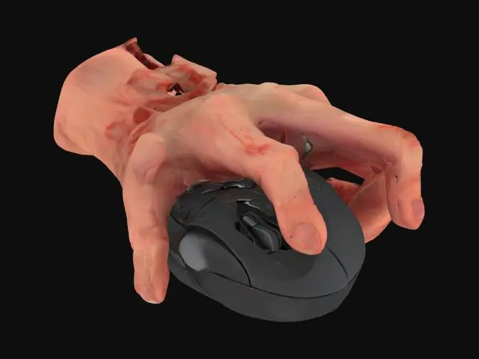 3D model for create a model of a severed human hand firmly gripping a computer Mouse device.High detail. Clean mesh and texture. No artifacts or distortions