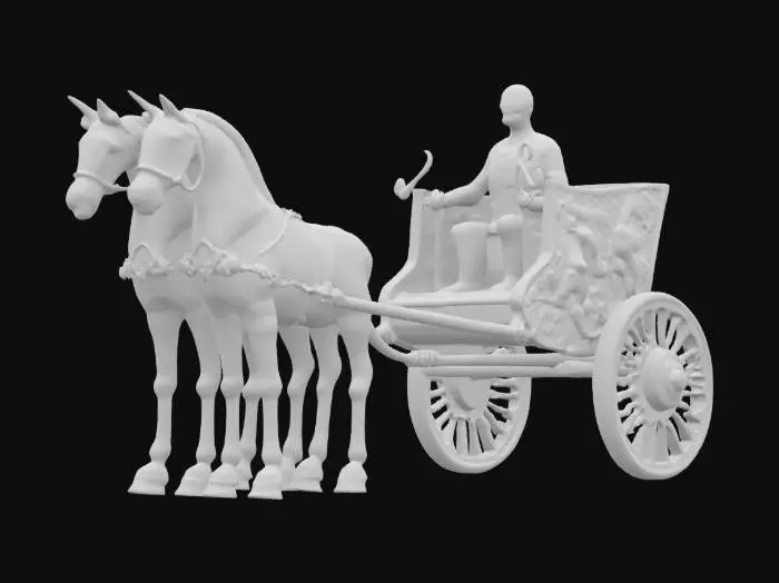 3D model for Unholy two wheeled Egyptian Chariot with two harnessed  black stallions. no artifacts, clean mesh and texture.  intriicate detail on chariot 
