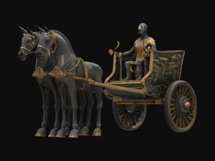 3D model for Unholy two wheeled Egyptian Chariot with two harnessed  black stallions. no artifacts, clean mesh and texture.  intriicate detail on chariot 