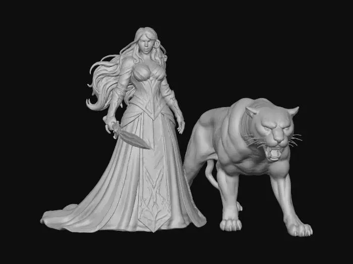 3D model for fantasy female princess holding a fantasy dagger with her Large  Pet  Black Panther fereciously Standing gaurd at her side