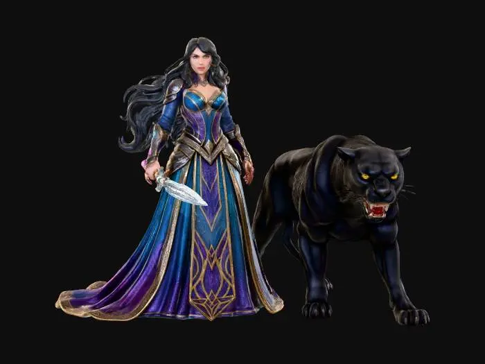 3D model for fantasy female princess holding a fantasy dagger with her Large  Pet  Black Panther fereciously Standing gaurd at her side
