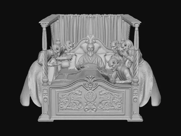 3D model for A framed 3d wall plaque dipicting a elderly man lying ill in his rich fancy bed as his Half demon half human family members greedliy attend his bed side