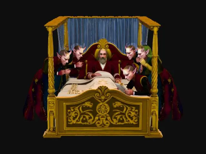 3D model for A framed 3d wall plaque dipicting a elderly man lying ill in his rich fancy bed as his Half demon half human family members greedliy attend his bed side