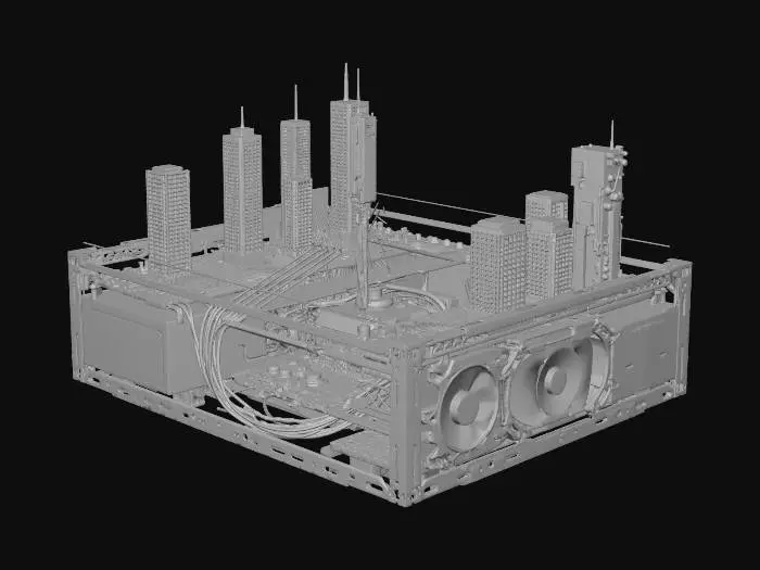 3D model for A fantastic minature futuristic Sci fi city located inside a Desktop computer Pc tower .