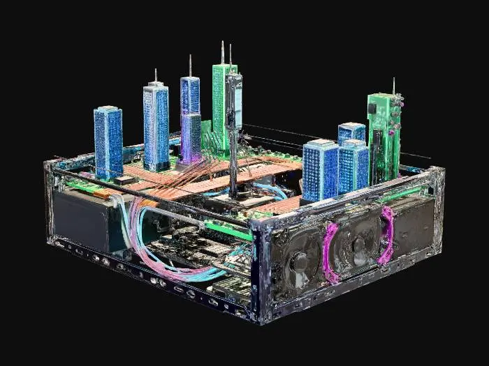 3D model for A fantastic minature futuristic Sci fi city located inside a Desktop computer Pc tower .
