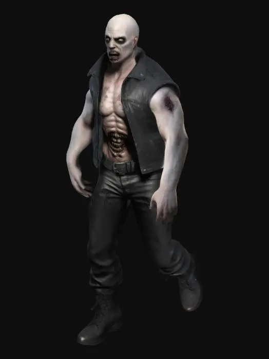 3D model for a Tall  thin Muscular build heavy metal style male character with a bald head, and a short goatee. ,he has a pale complextion, wearing worn rough leather pants and a leather vest . His t shit is black with a image of a zombie head printed on the front..his eyes are sunken, his cheecks shallow . He wears old black combat boots that are heavily worn ... tattoo's cover his arms with tattoos of  demons and skulls and flames ..  he is wearing black wristbands, his hands are posed with fingers spread 