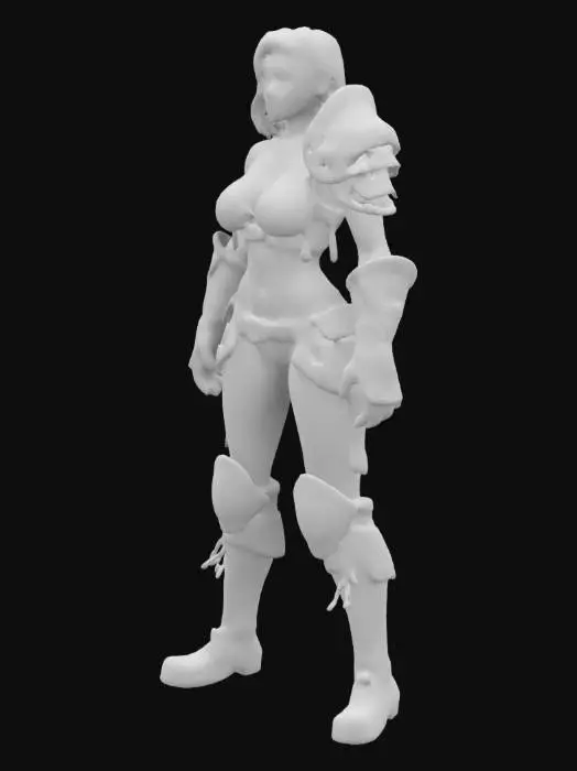 3D model for A highly detailed mesh and incredible detailed textured model of a female  thinly but Muscular  Barbarian warrior .she is dressed in  Bikini armor made of steele  and leather .Her knee high boots are dark brown with a short heel .her face is a pale white with some freckles . her eyey makeup is soft green her eye brows are red 