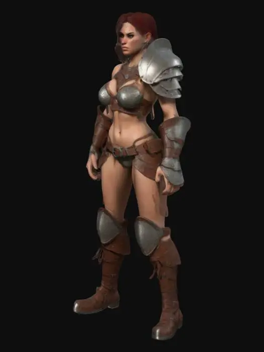 3D model for A highly detailed mesh and incredible detailed textured model of a female  thinly but Muscular  Barbarian warrior .she is dressed in  Bikini armor made of steele  and leather .Her knee high boots are dark brown with a short heel .her face is a pale white with some freckles . her eyey makeup is soft green her eye brows are red 