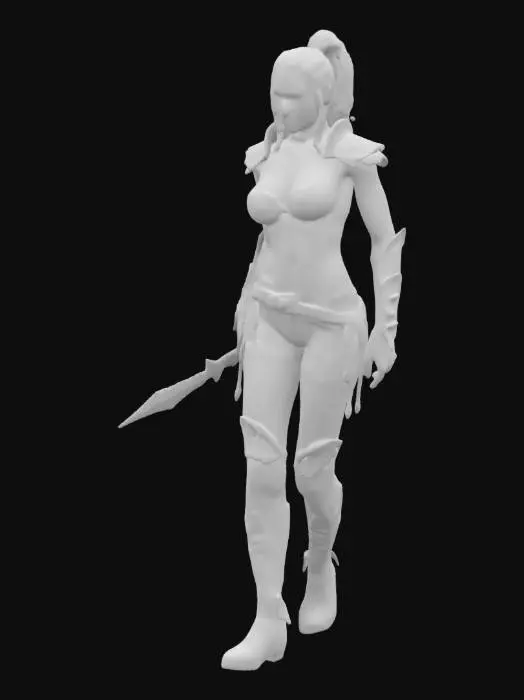 3D model for A highly detailed mesh and incredible detailed textured model of a female  thinly but Muscular  Barbarian warrior .she is dressed in  Bikini armor made of steele  and leather .Her knee high boots are dark brown with a short heel .her face is a pale white with some freckles . her eyey makeup is soft green her eye brows are red 