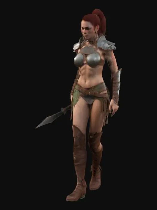 3D model for A highly detailed mesh and incredible detailed textured model of a female  thinly but Muscular  Barbarian warrior .she is dressed in  Bikini armor made of steele  and leather .Her knee high boots are dark brown with a short heel .her face is a pale white with some freckles . her eyey makeup is soft green her eye brows are red 