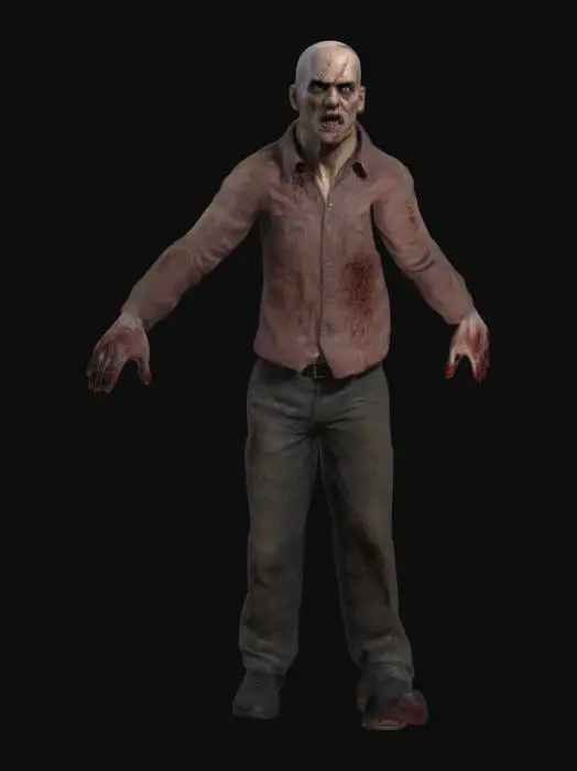 3D model for create a realistic high level of detail in mesh and texture of a t posed evil dead movie franchise Male Deadite demonic Character . Clean detail sculpt, no artifacts or holes . High detail texture. Bloody clothing, Bald head, long black fingernails .. great atention to face and hands details dark sunken eye sockets shallow cheeks. Realistic human proportion biped dimensions. wrinkled shabby stained pants and shirt . worn Casual mens shoes . No Nudity.