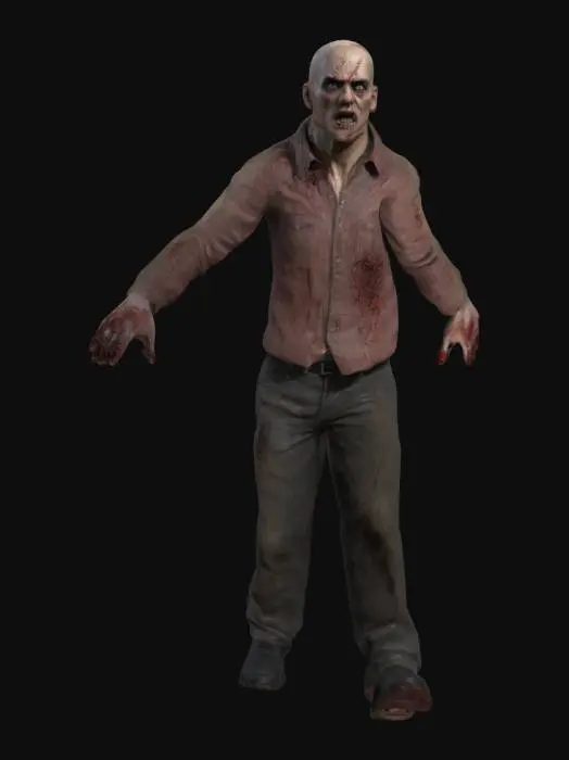 3D model for create a realistic high level of detail in mesh and texture of a t posed evil dead movie franchise Male Deadite demonic Character . Clean detail sculpt, no artifacts or holes . High detail texture. Bloody clothing, Bald head, long black fingernails .. great atention to face and hands details dark sunken eye sockets shallow cheeks. Realistic human proportion biped dimensions. wrinkled shabby stained pants and shirt . worn Casual mens shoes . No Nudity.