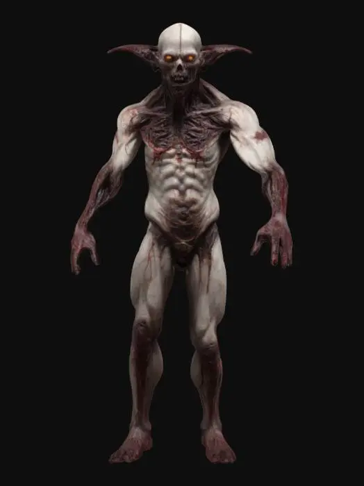 3D model for masterfully crated figurine of a towring necromorph mutant sentinel Subspecies  ancient Vampire standing  in a T Pose, corrupted, rotten, fierce, bare muscle fibers, extreme details, highest resolution, well lit, dark and spooky, utterly disturbing, blood covered, ritual scars spiral, demonic, unholy aura,

