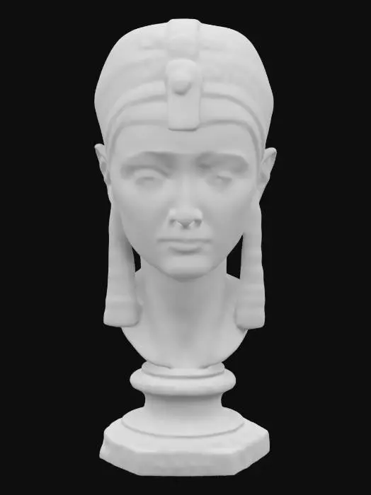 3D model for a bust statue of Cleopatra VII Thea Philopator bust statue . beautifuly detailed. Precice facial features placement of eyes , nose, lips and ears . mounted on a golden detailed base . Clean sharp mesh, no holes or artifacts in mesh. Museum quality appearance. clean defined textures  #women#